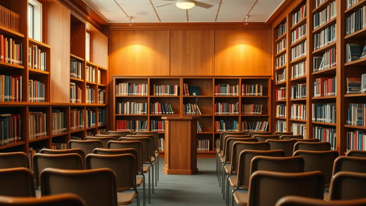 Generic image of a library with a microphone on a podium, symbolizing oral storytelling.