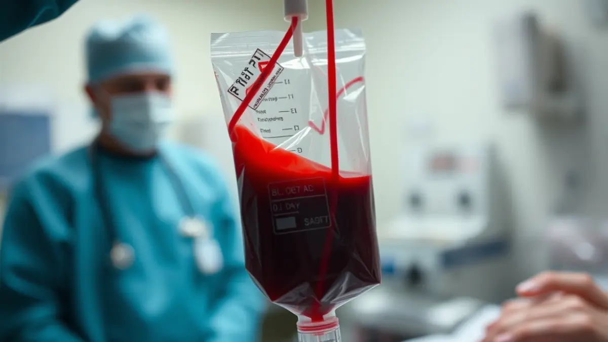 Generic image of a blood bag being filled in a medical setting.