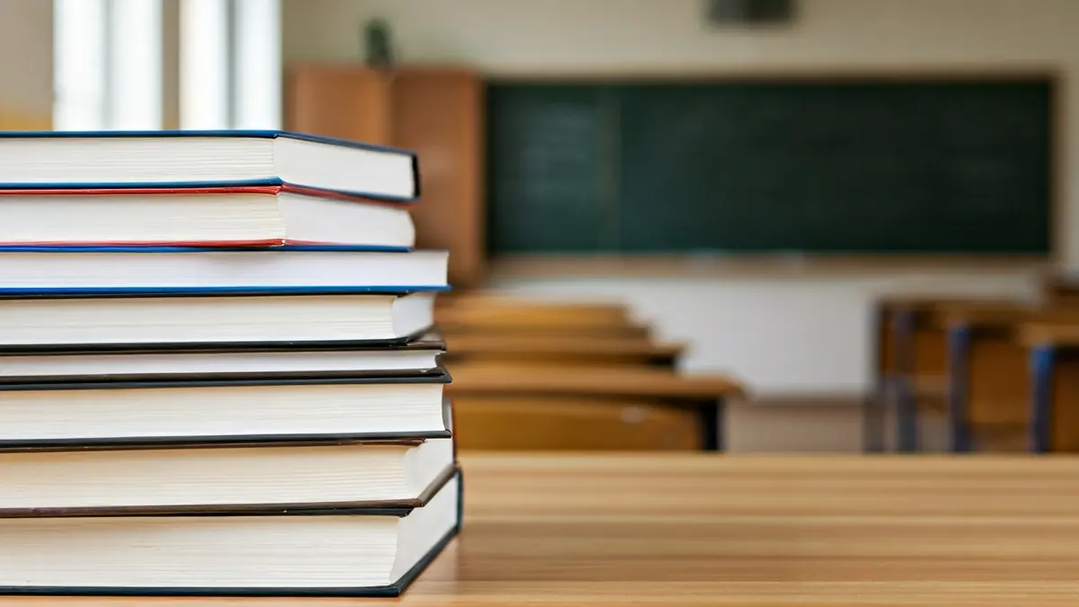 Generic image of textbooks stacked on a desk, symbolizing education.