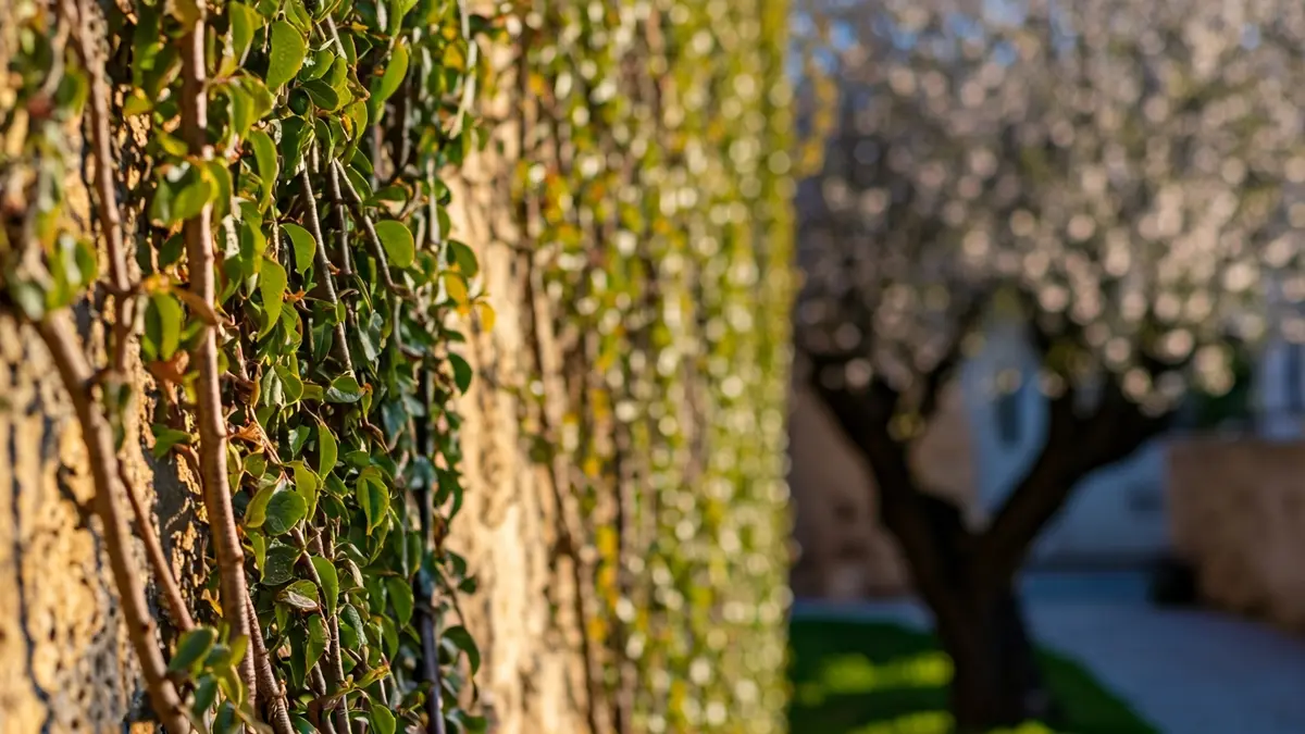 Imagen de un muro de piedra antiguo con enredaderas y almendros en flor, simbolizando la Huerta de Mena.