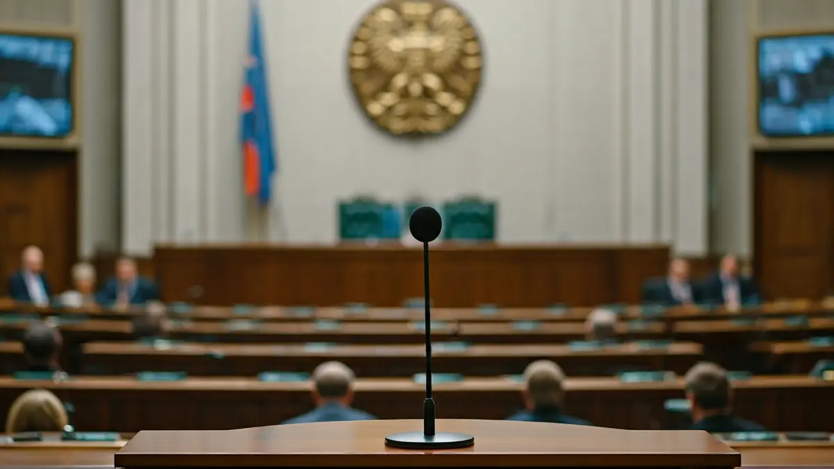 Imagen genérica de un micrófono en un podio en una sala parlamentaria vacía.