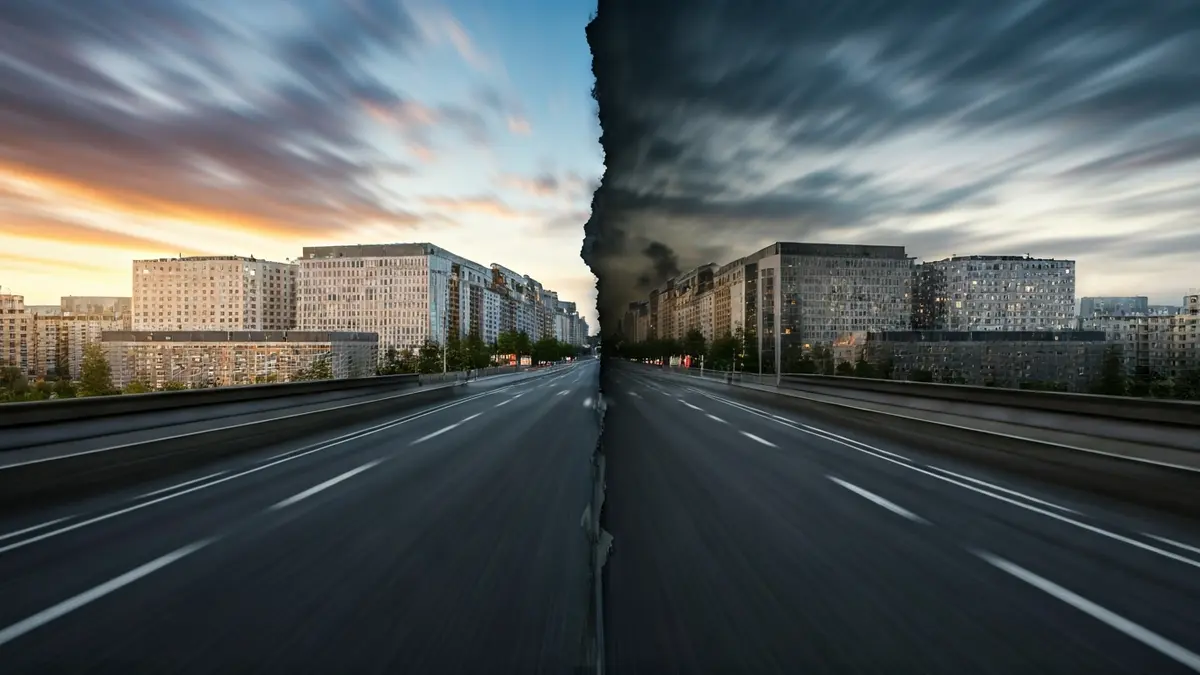 Abstract image of economic inequality in a European city, with contrasting rich and poor areas.