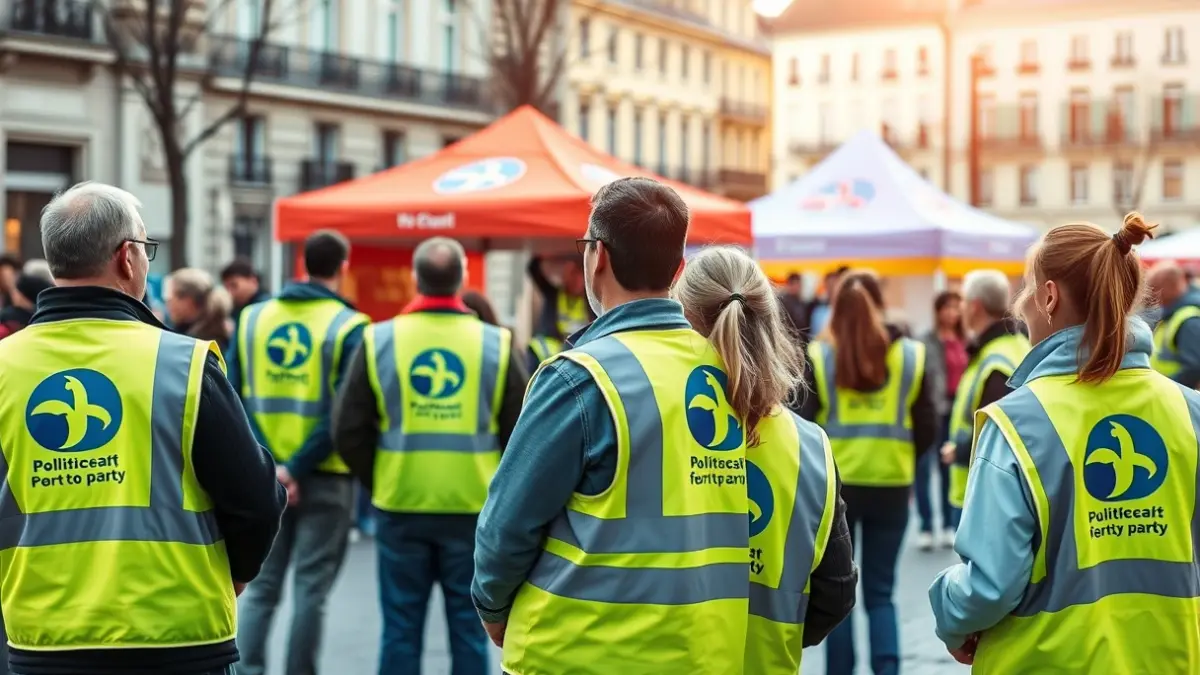 Volunteers from a political party in an urban square, preparing for a door-to-door campaign.
