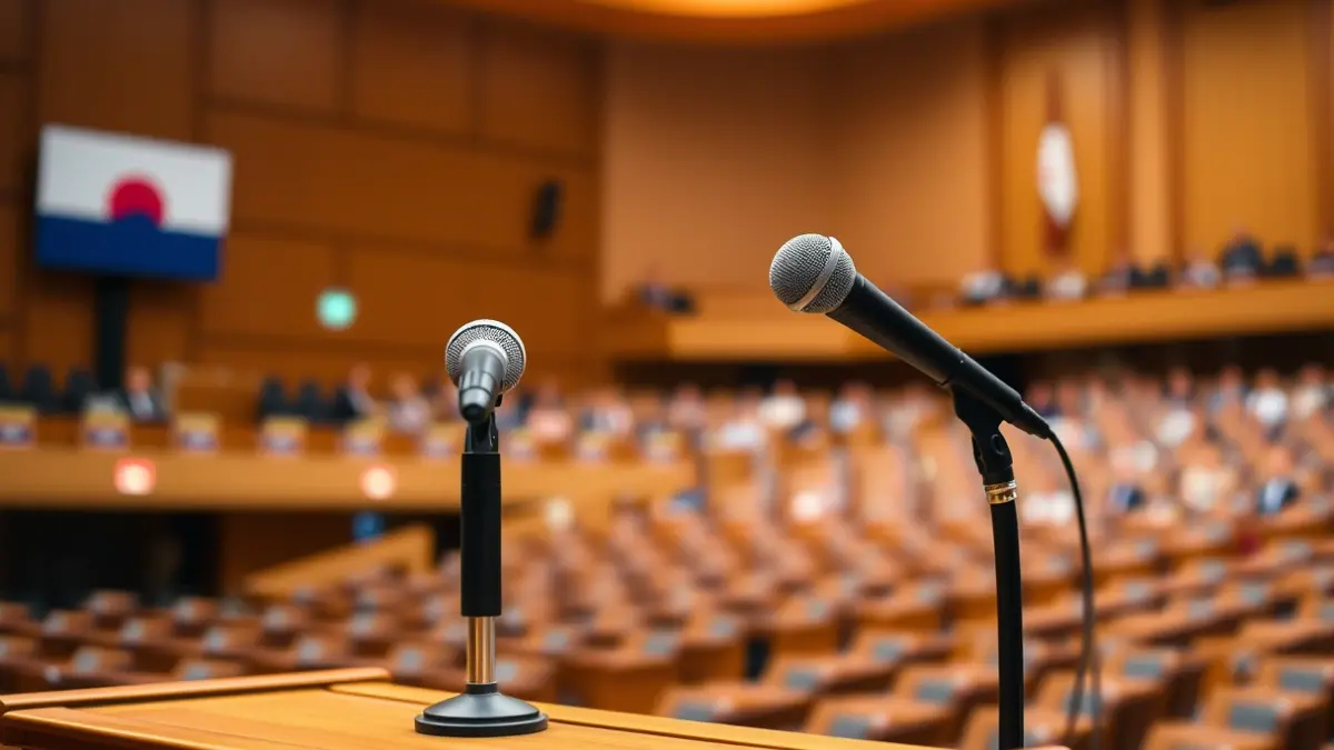 Generic image of a microphone on a podium in an assembly hall.