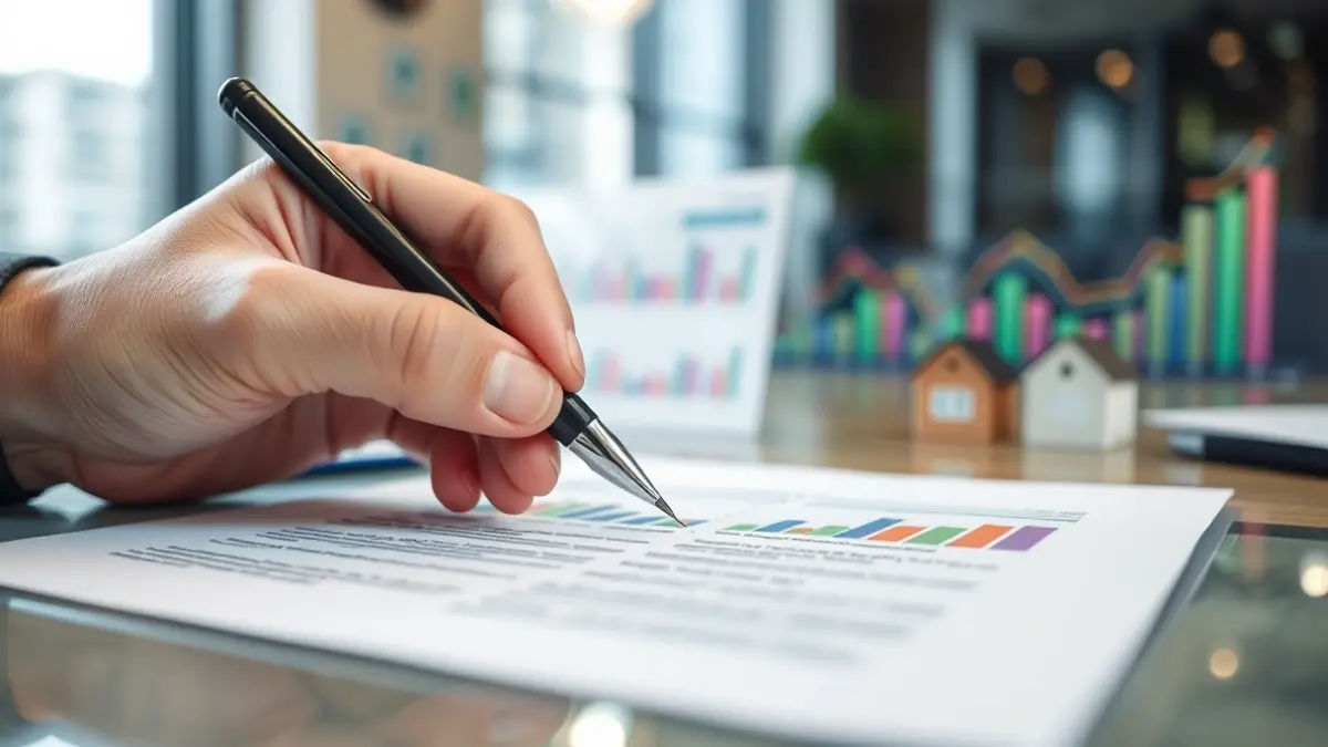 Imagen genérica de una mano con un bolígrafo sobre un documento, con gráficos financieros borrosos de fondo.