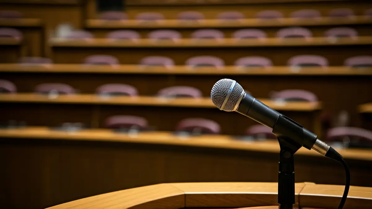 Generic image of a microphone on a podium in an assembly hall, symbolizing political debate.