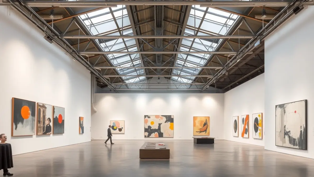 Exposición de arte contemporáneo en un espacio industrial.