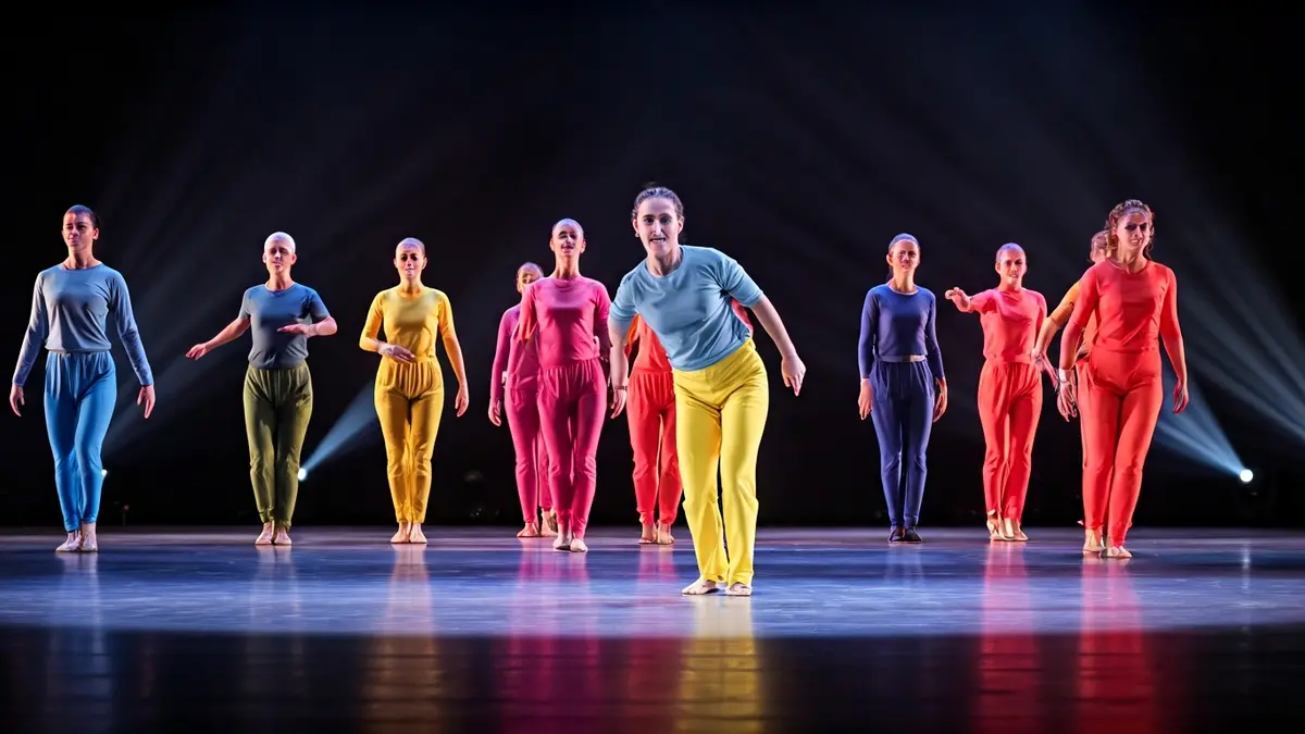 Imagen genérica de una actuación de danza contemporánea con luces y colores vibrantes.