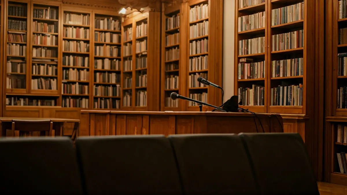 Generic image of a cozy reading space with bookshelves and a microphone.
