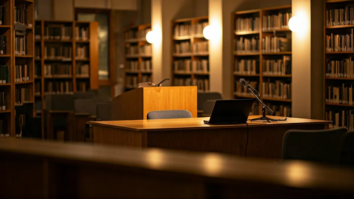 Generic image of a reading space or library with a microphone on a podium.