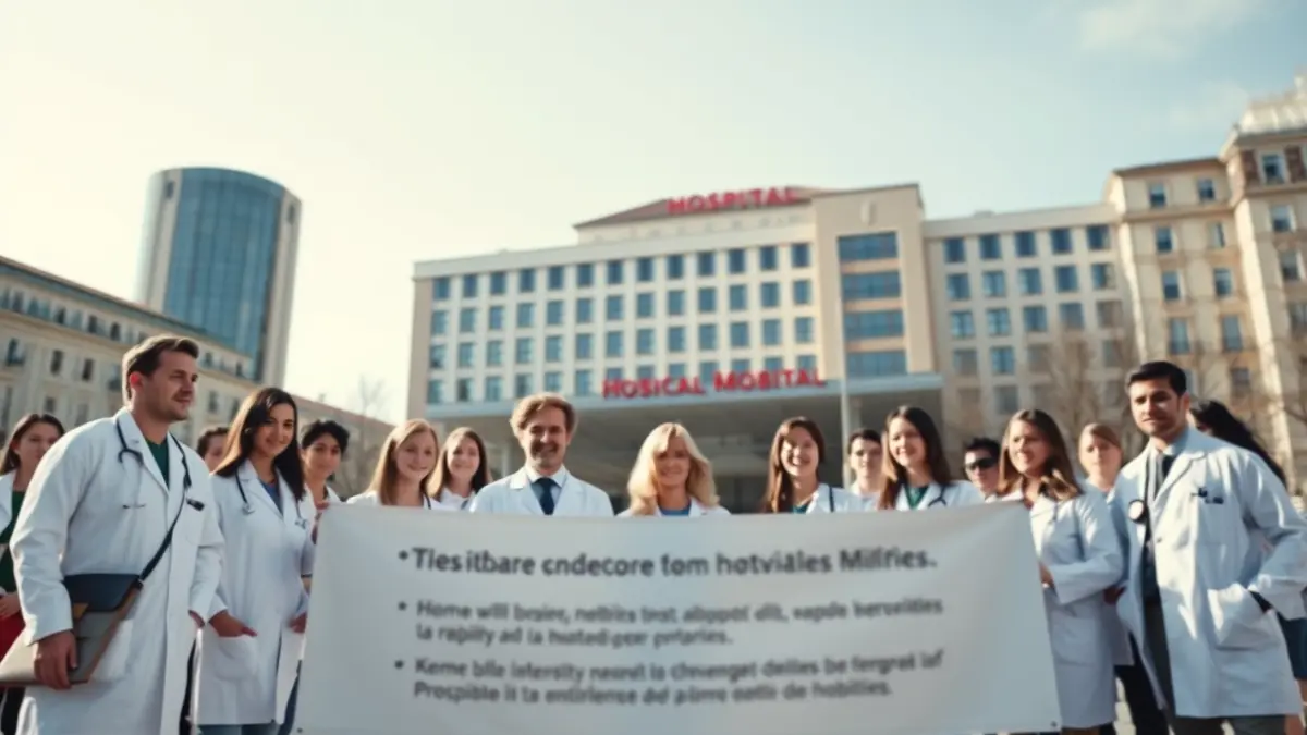Doctors gathered in front of a hospital in Madrid during a strike day.