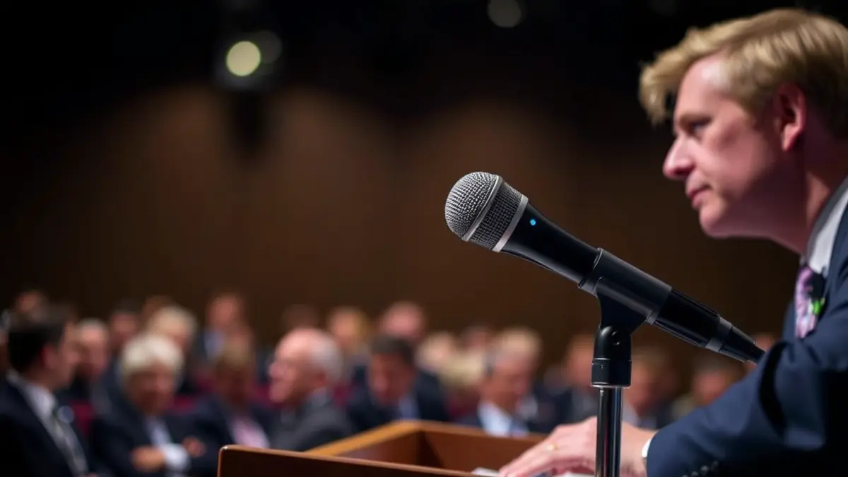Generic image of a microphone on a podium, symbolizing negotiation or a statement.