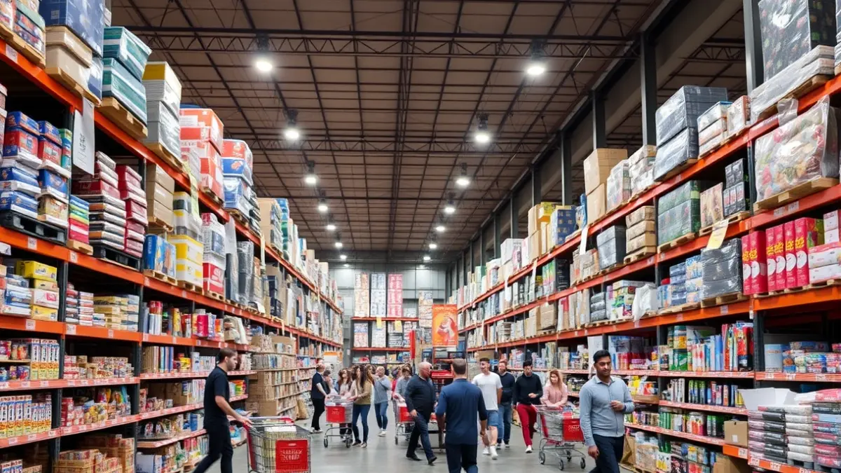 Generic image of a liquidation warehouse with various products and customers looking for deals.