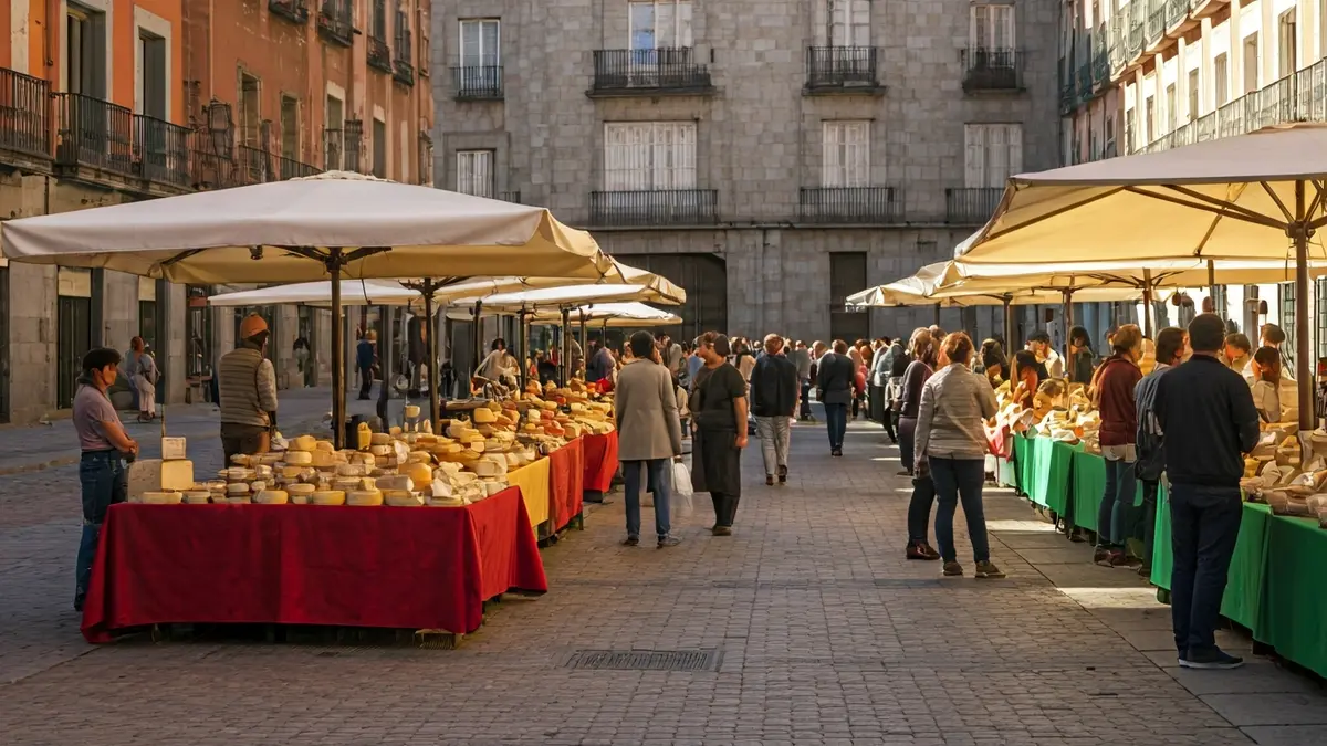 Imagen genérica de un mercado de productores con puestos de comida y gente comprando.