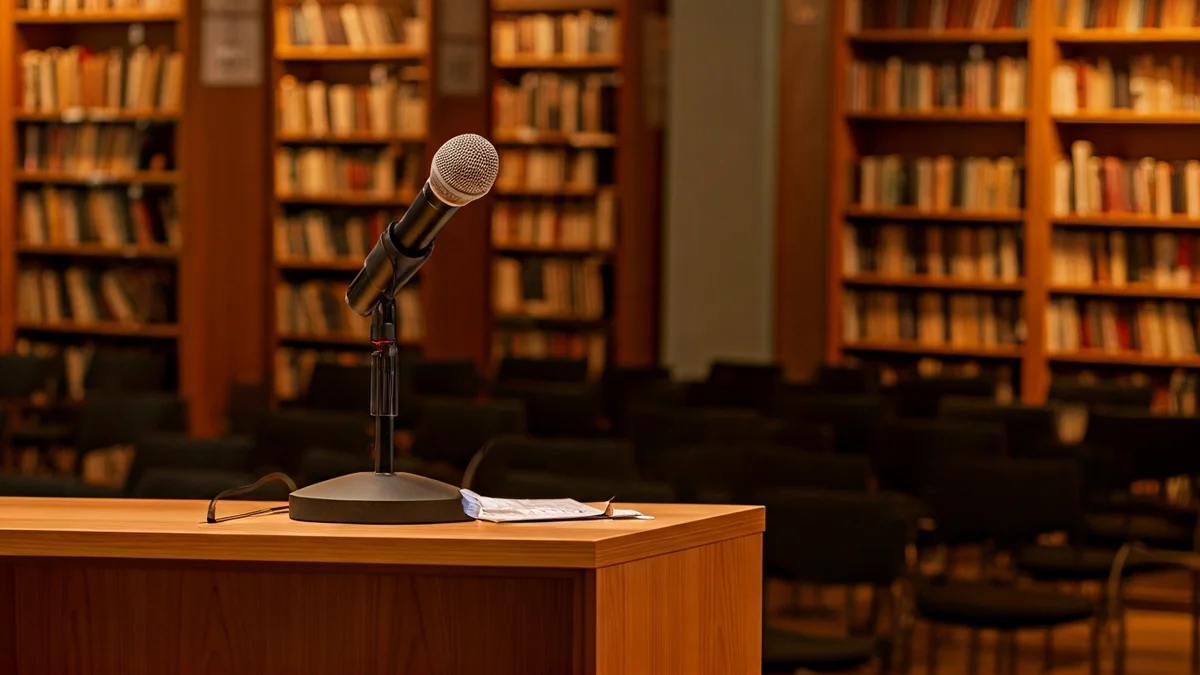 Imagen genérica de un atril con micrófono en una sala de lectura o presentación, con estanterías de libros al fondo.