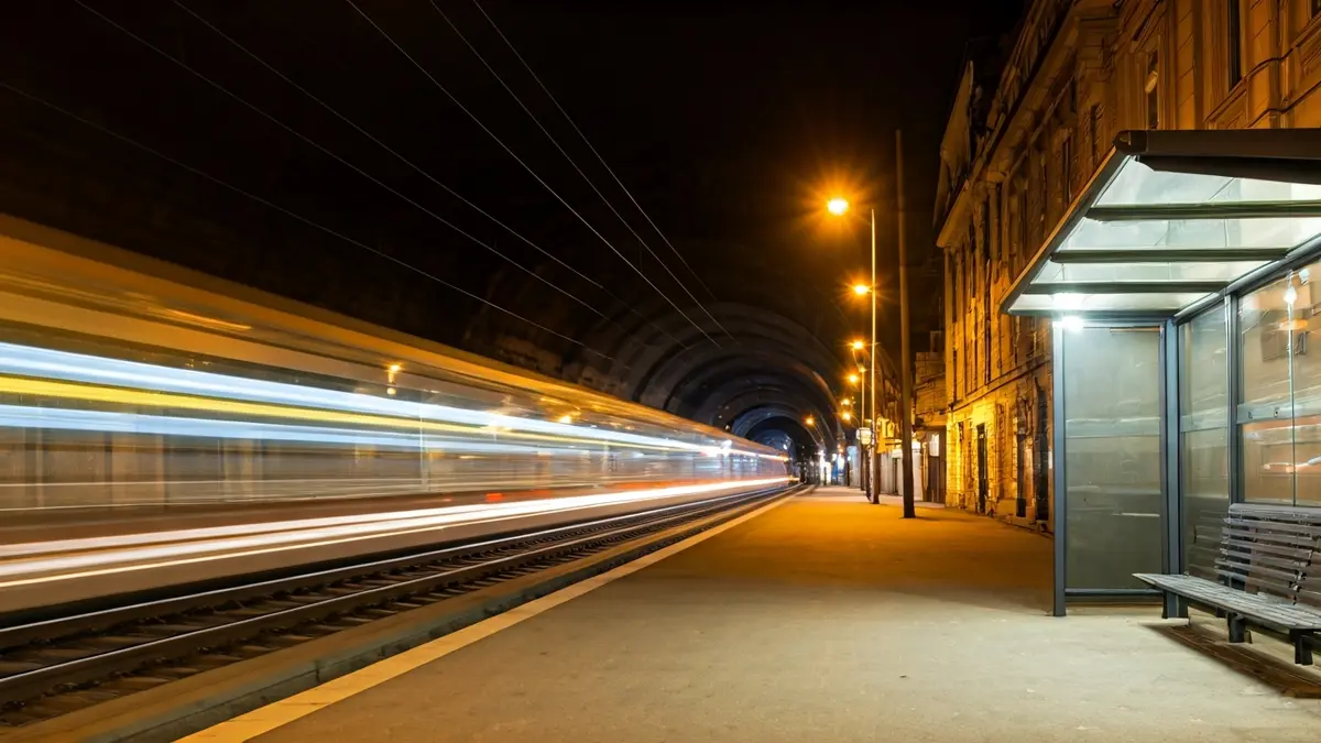 Imagen que contrasta un tren de metro en movimiento con una parada de autobús vacía, simbolizando las tendencias de transporte.