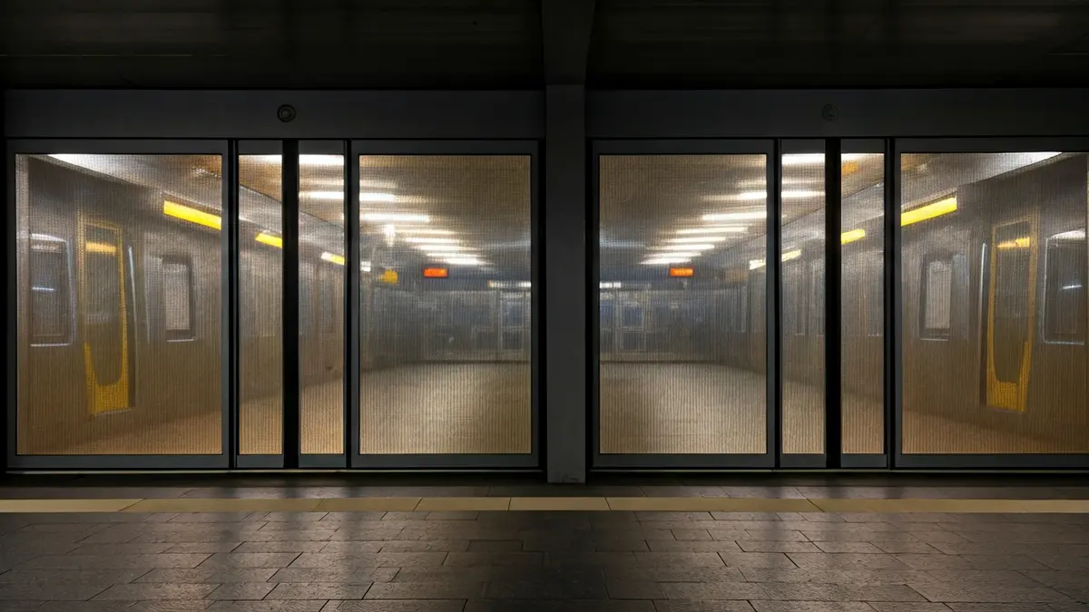 Image of platform screen doors installed in an empty subway station at night.