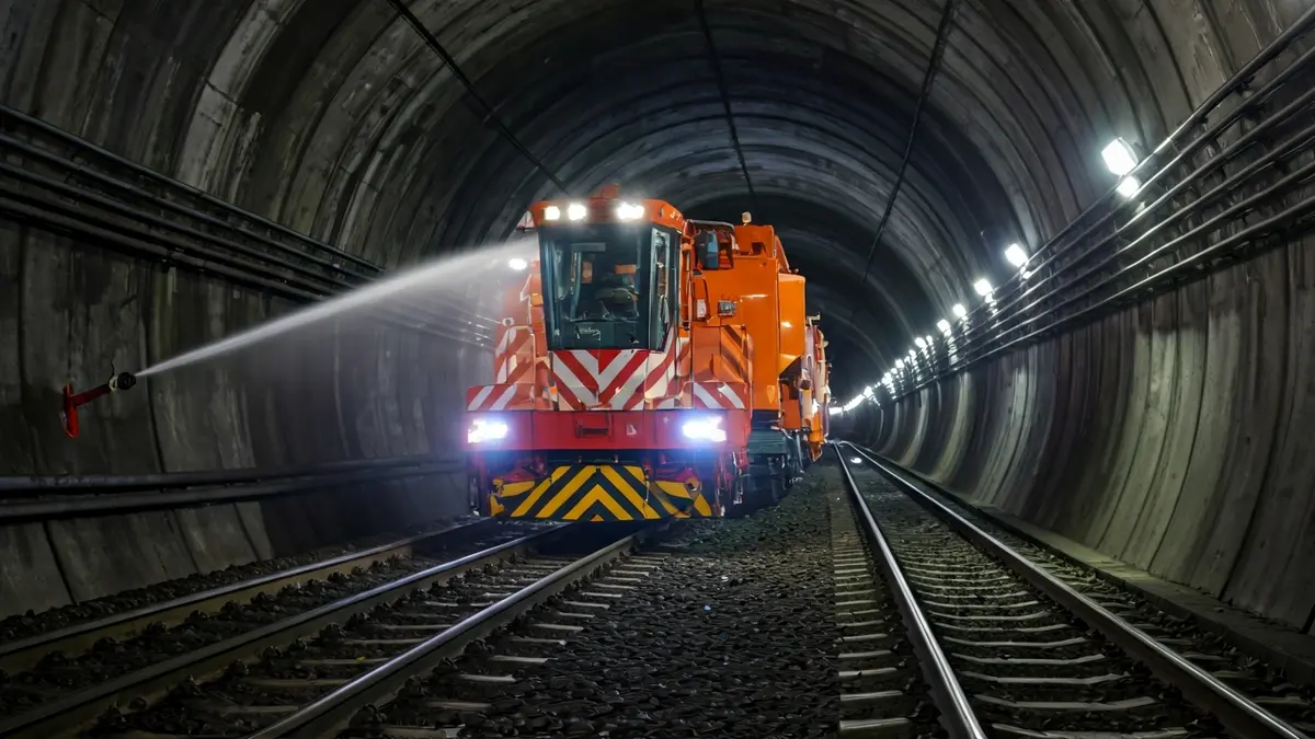 Imagen de un convoy especializado limpiando las bóvedas de un túnel de Metro de Madrid.