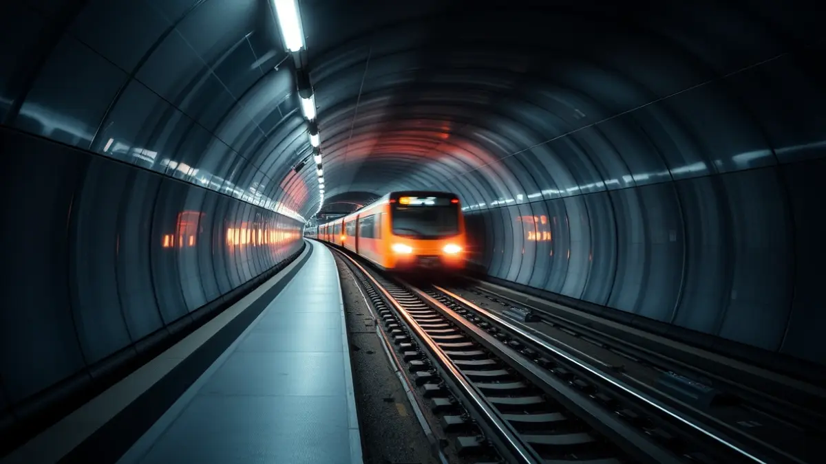 Generic image of a modern subway tunnel with bright lights and a train in the distance.