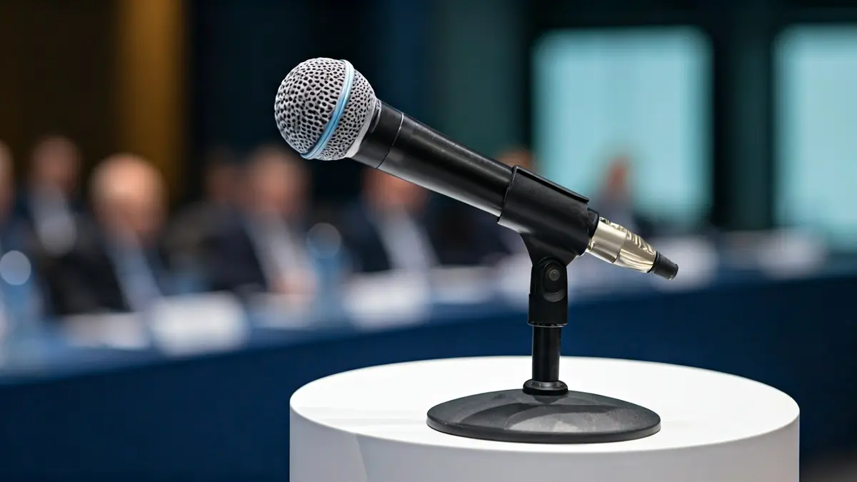 Imagen genérica de un micrófono en un podio durante un evento de salud pública.