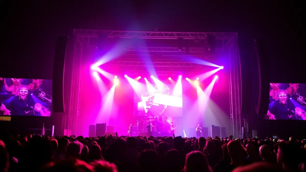 Imagen genérica de un escenario de concierto con luces y una multitud difuminada.
