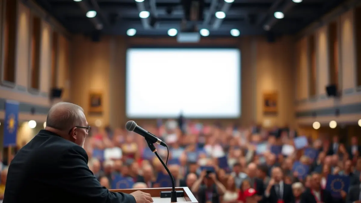 Generic image of a microphone on a podium during a political event.