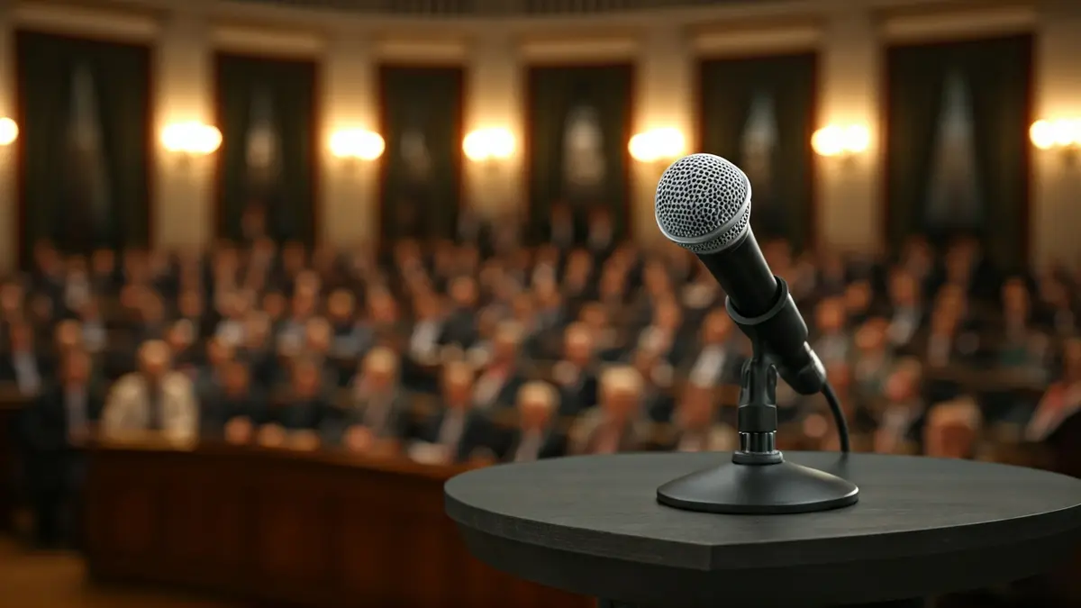 Generic image of a microphone on a podium, symbolizing a political speech.