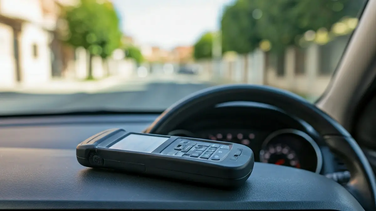 Imagen de un analizador portátil de detección de drogas en un vehículo policial.
