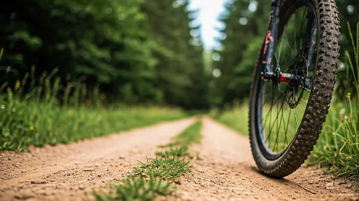 Imagen genérica de una rueda de bicicleta de montaña en un sendero de tierra.