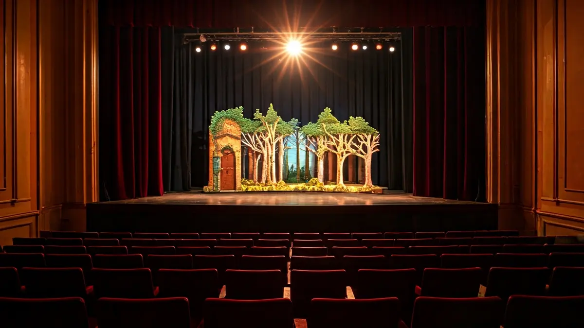 Imagen genérica de un escenario de teatro iluminado con una escenografía de bosque.
