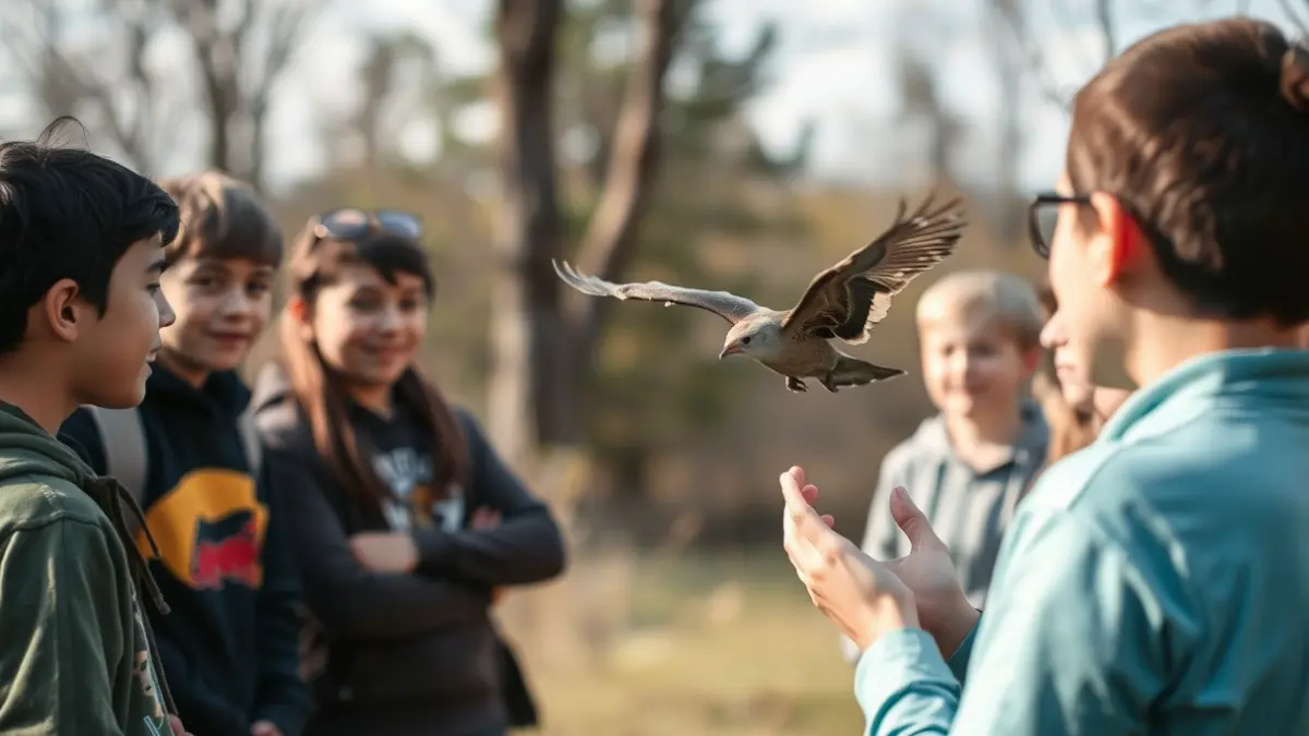 Estudiantes observando la liberación de aves silvestres en la Dehesa de Moralzarzal.