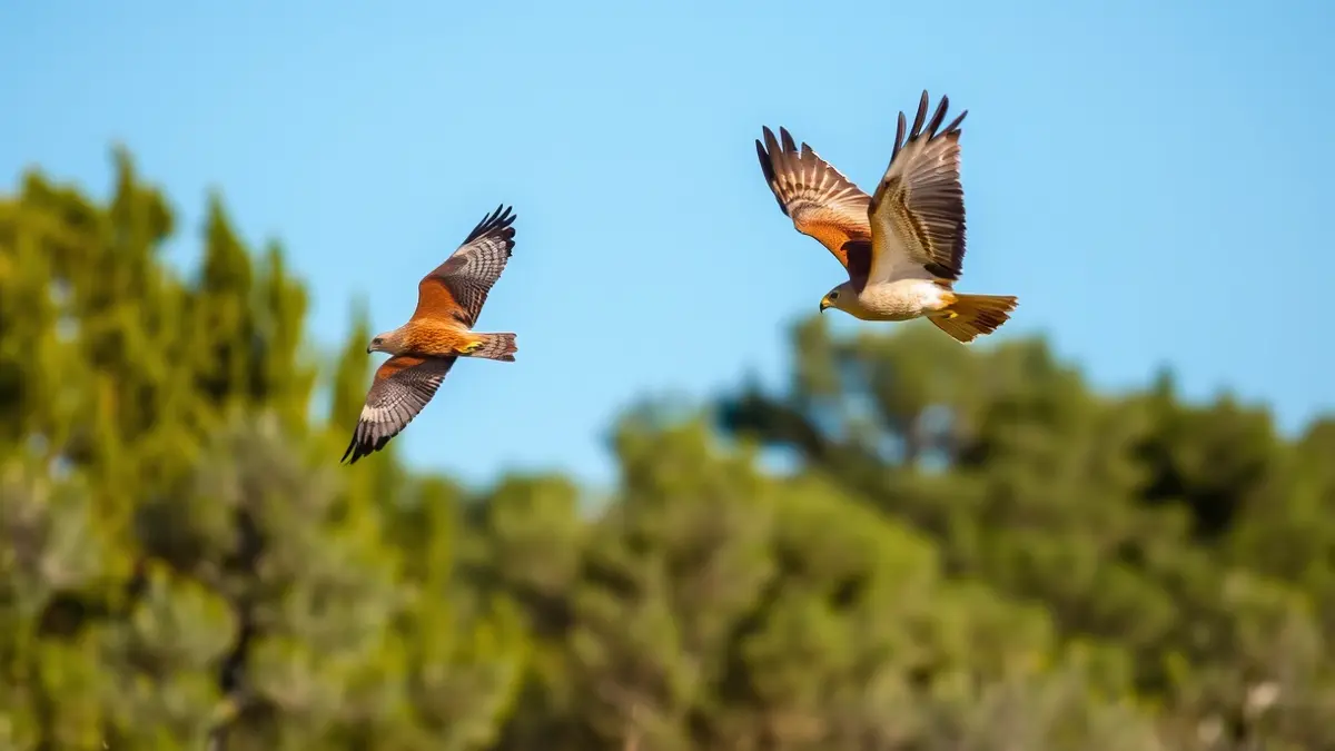 Image of a common kestrel and a short-toed eagle flying over the dehesa in Moralzarzal.