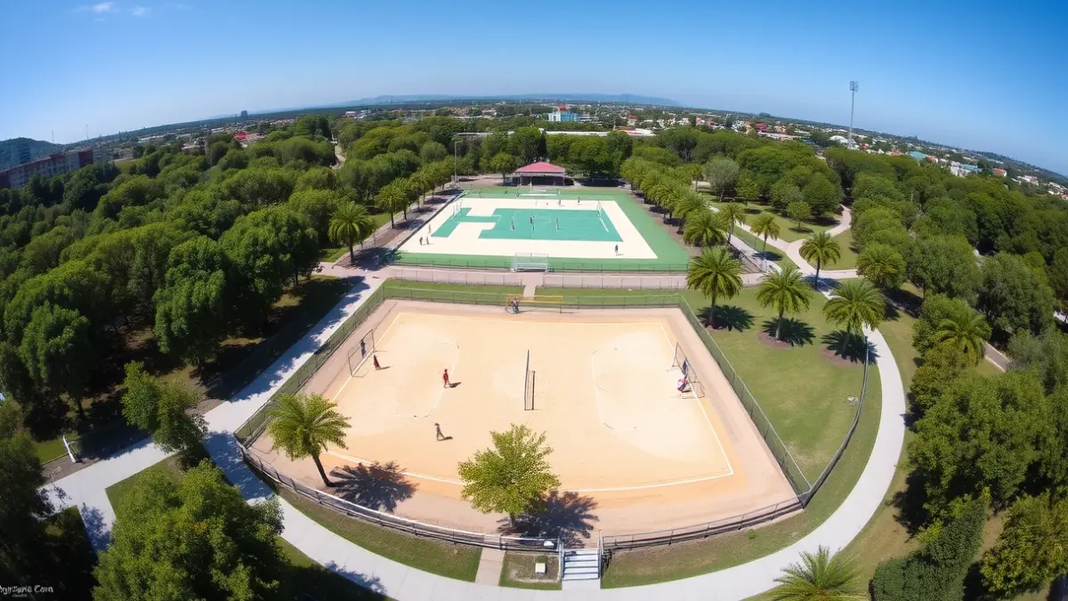 Imagen aérea de un parque recreativo con canchas de fútbol y vóley playa.