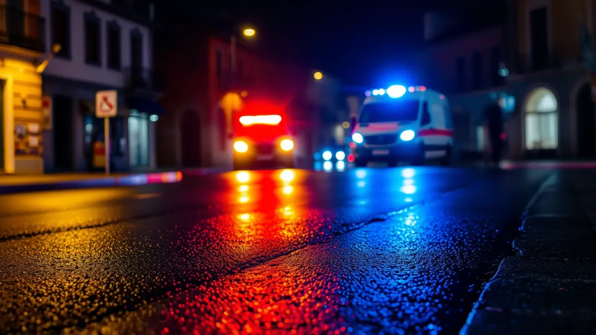 Imagen genérica de luces de emergencia reflejadas en el asfalto mojado de una calle.