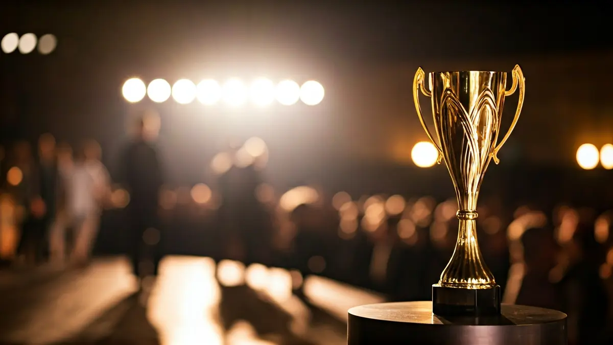 Generic image of a trophy or award on a lit stage.
