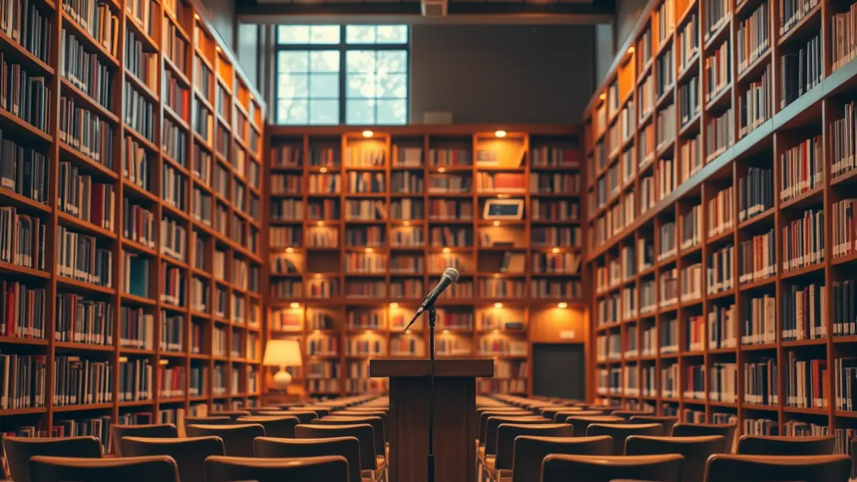 Imagen genérica de un interior de biblioteca con estanterías de madera y un podio con micrófono, iluminado con luz cálida.