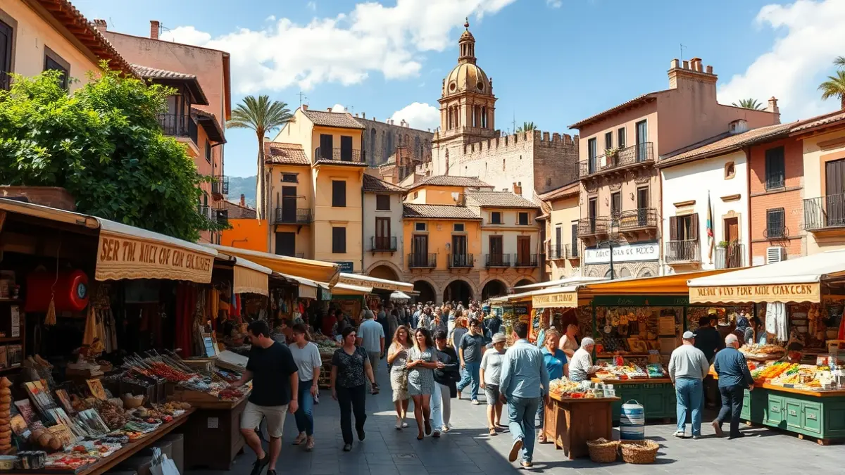 Imagen de un mercado goyesco con puestos de artesanía y gastronomía en una plaza.