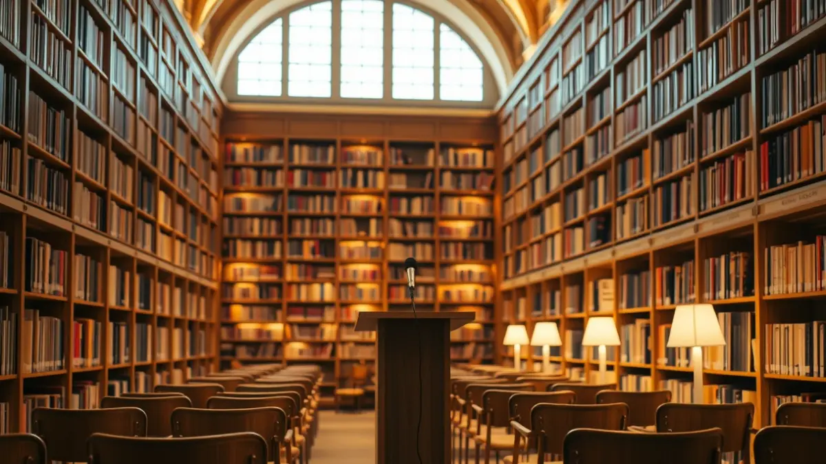 Generic image of a warm-lit library interior with a podium and chairs.