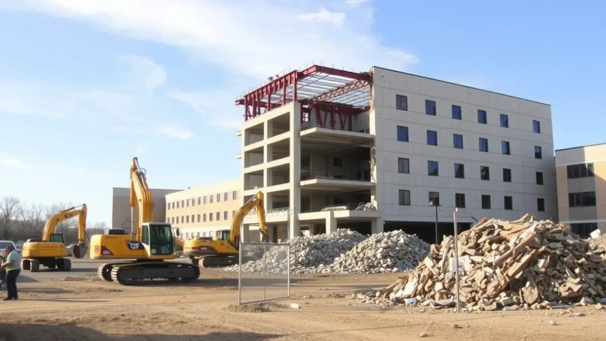 Imagen de una obra de demolición en un hospital, con maquinaria pesada y escombros.
