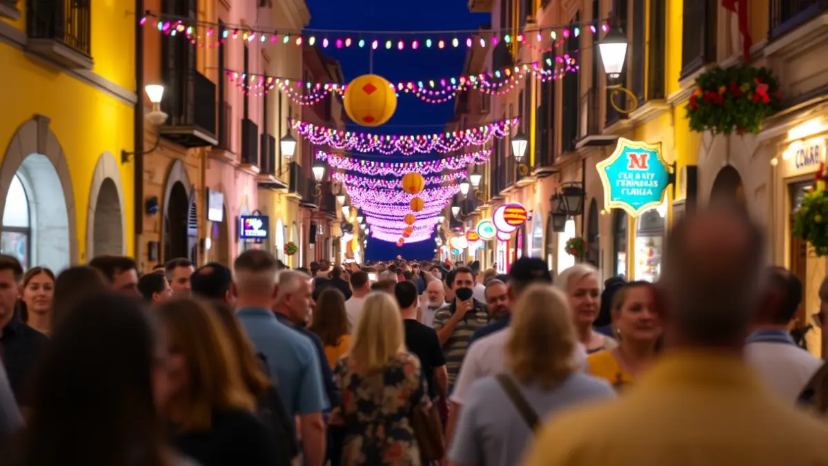 Imagen genérica de una calle festiva en una ciudad española, con luces y ambiente de celebración.