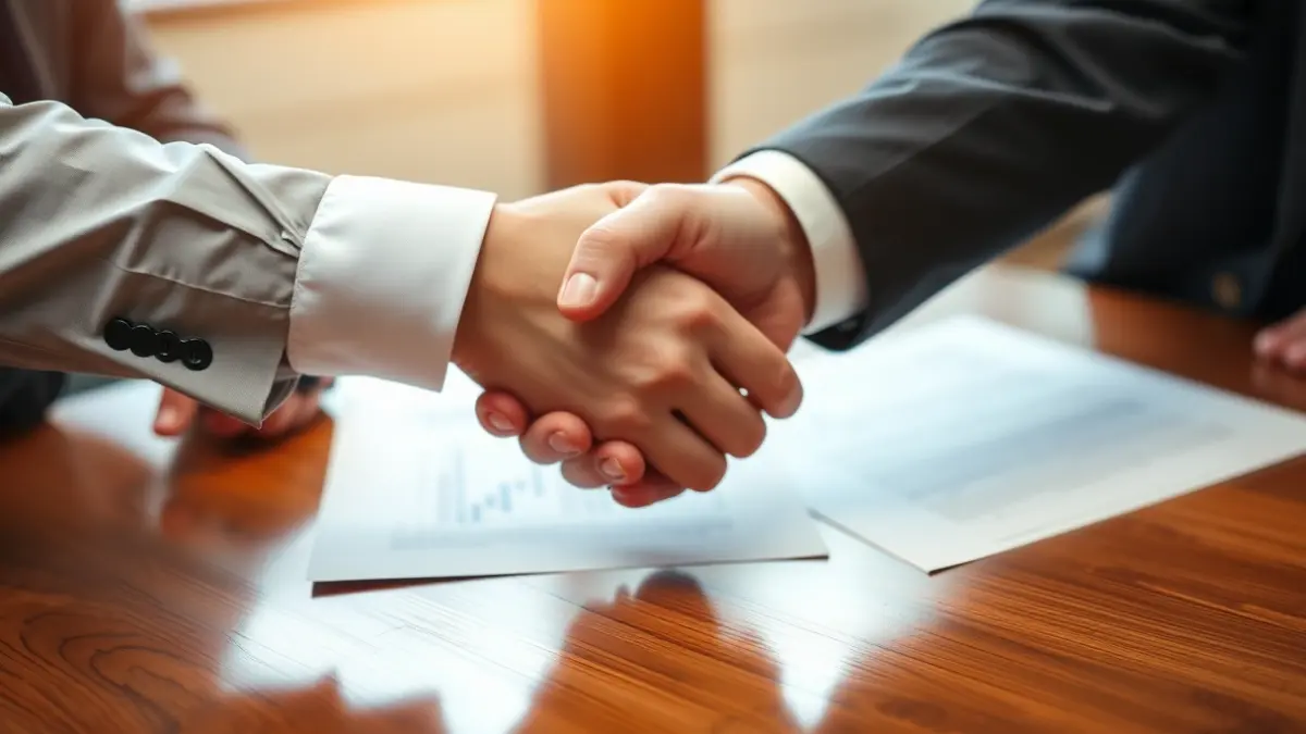 Imagen genérica de un acuerdo o convenio, con dos manos estrechándose sobre una mesa.