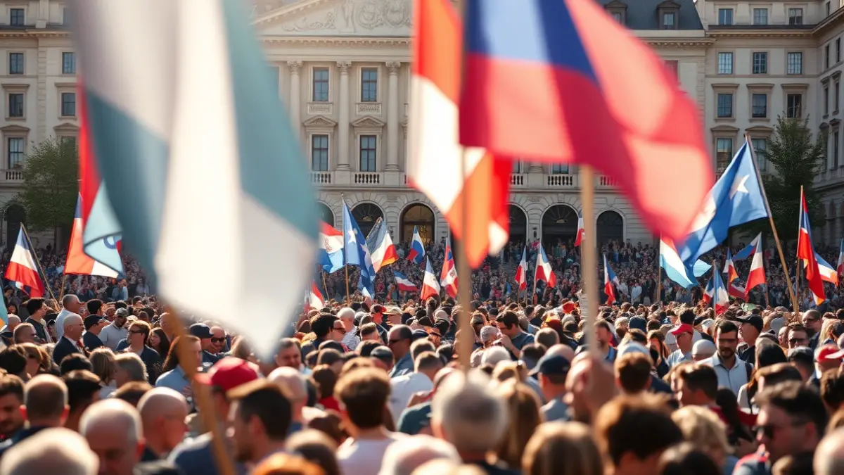 Imagen de una multitud aclamando en una plaza de Madrid.