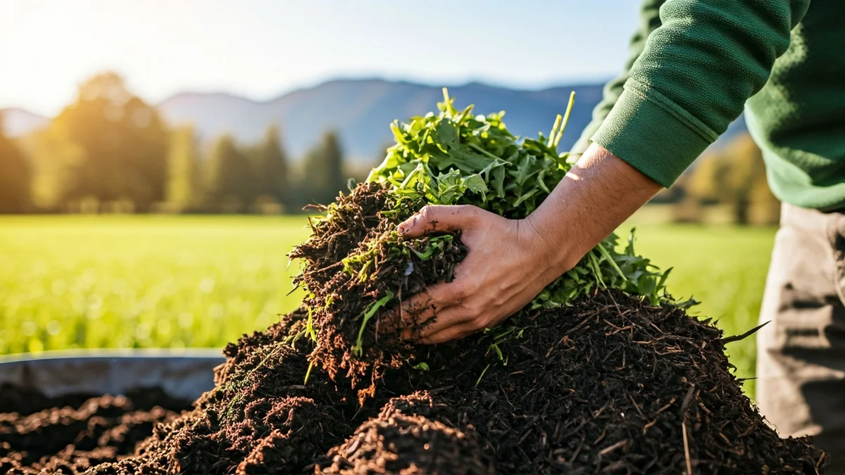 Imagen genérica de manos mezclando compost orgánico en un entorno rural.