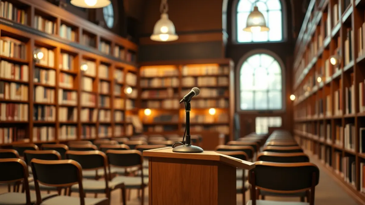 Imagen genérica de un micrófono en un podio en una sala de lectura, simbolizando la narración y el acceso al conocimiento.