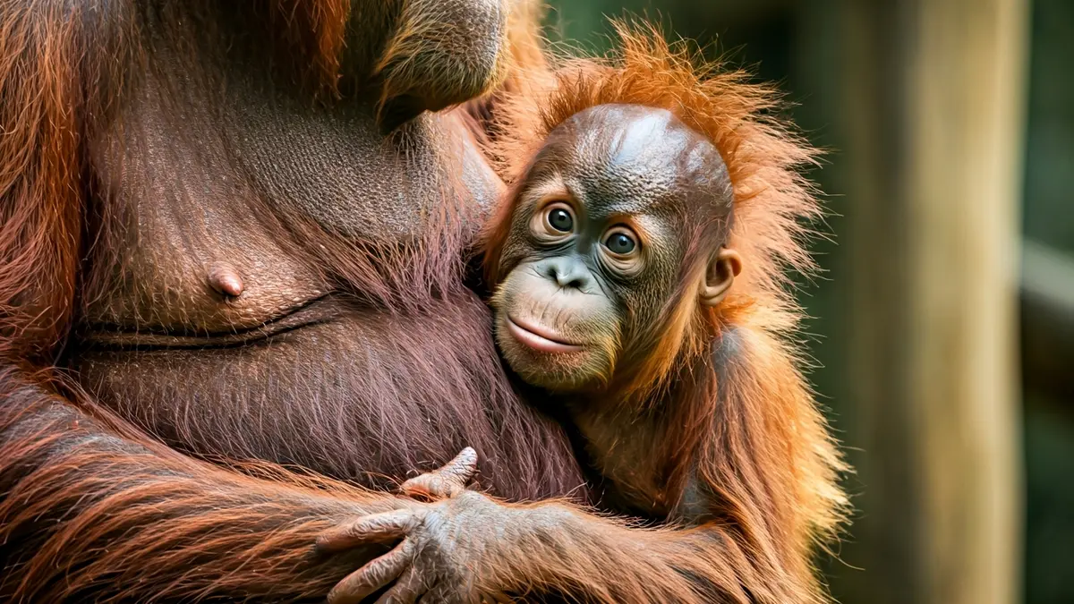 Bornean orangutan baby with its mother at Zoo Aquarium Madrid.