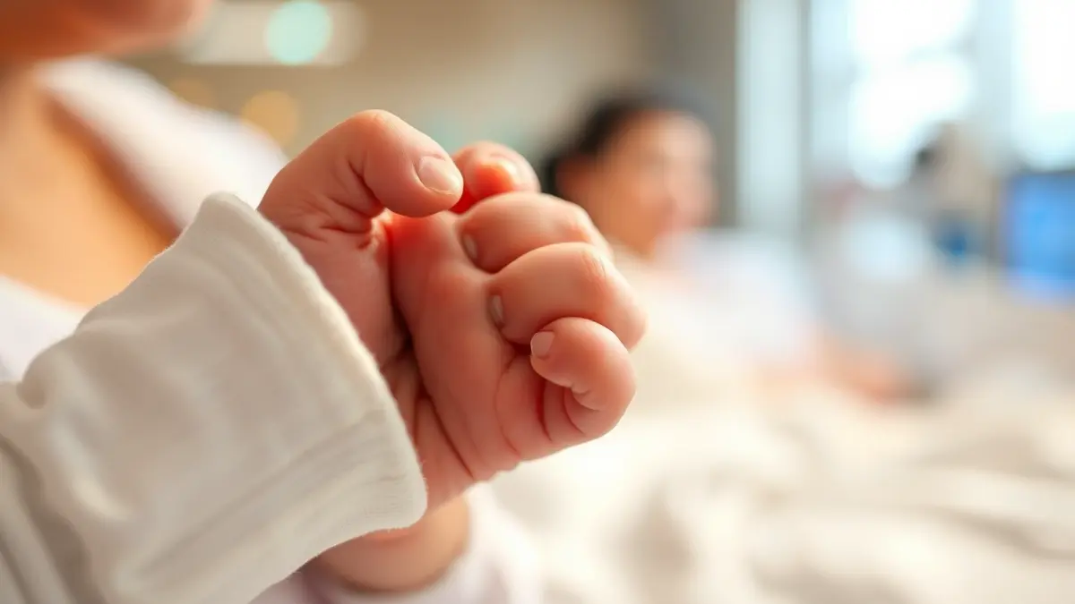 Generic image of a newborn baby's hand grasping an adult's finger, with a blurred hospital background.