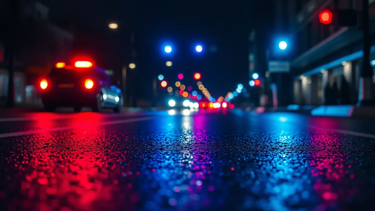 Generic image of emergency lights reflected on wet asphalt in an urban setting.