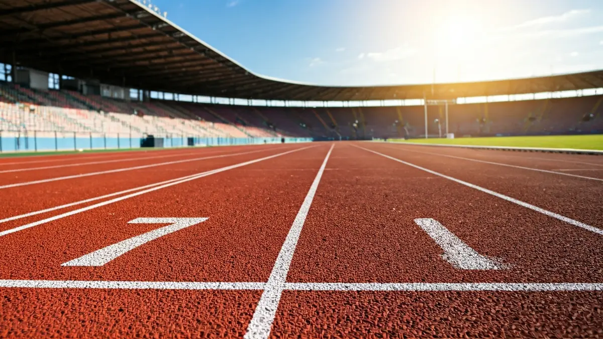 Imagen genérica de una pista de atletismo con un taco de salida.