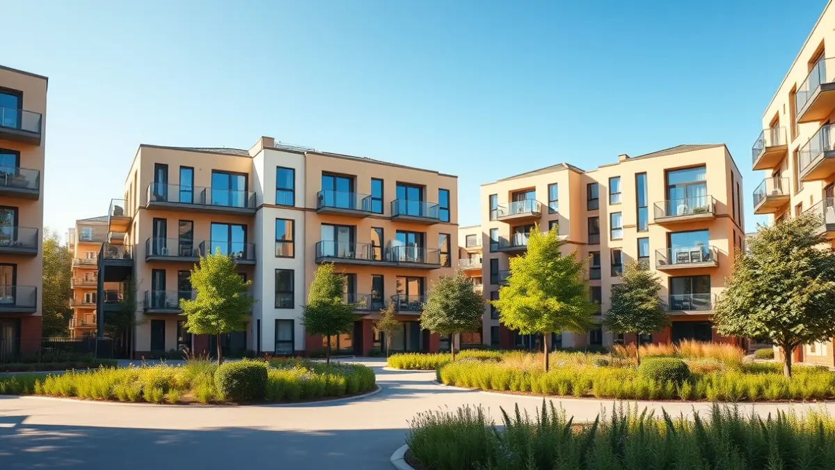 Generic image of modern apartment buildings with balconies and green areas.