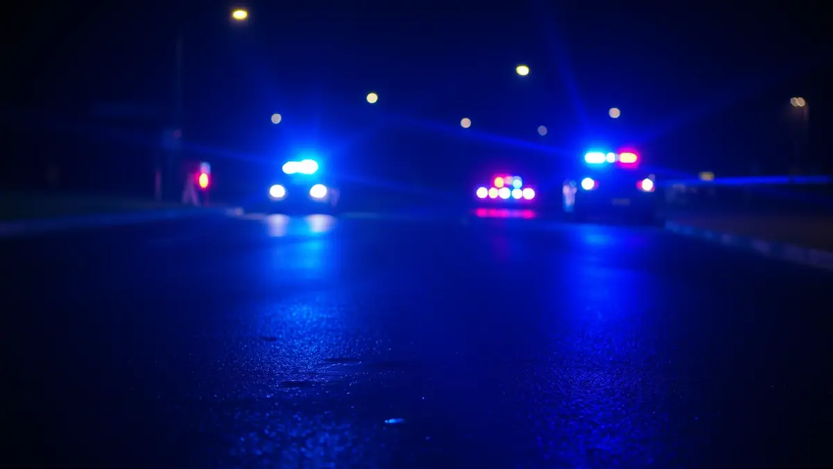 Generic image of emergency lights reflecting on wet asphalt, symbolizing an incident.